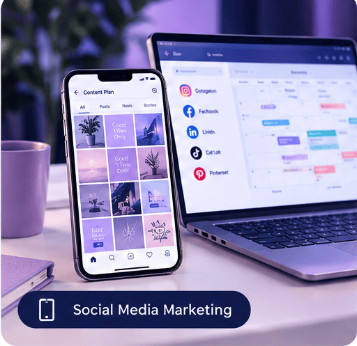 Social media marketing content on a phone and laptop