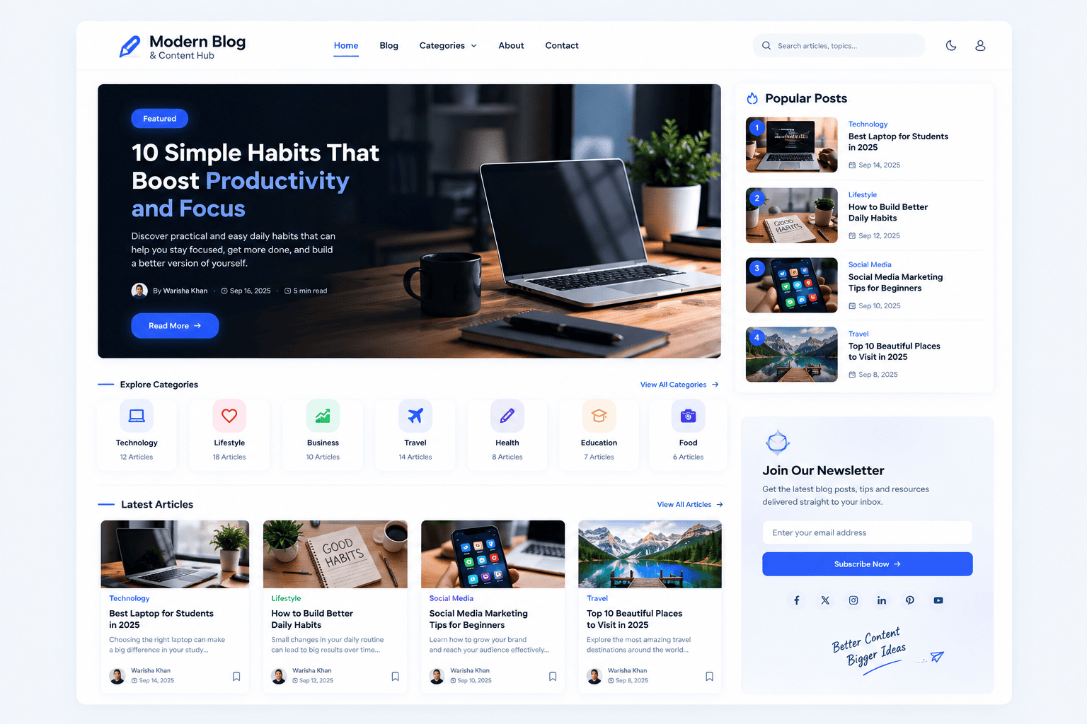 Blog website design sample with articles, categories and newsletter signup