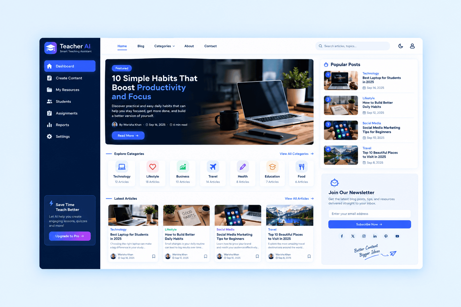AI web app design sample for teachers with dashboard and learning articles