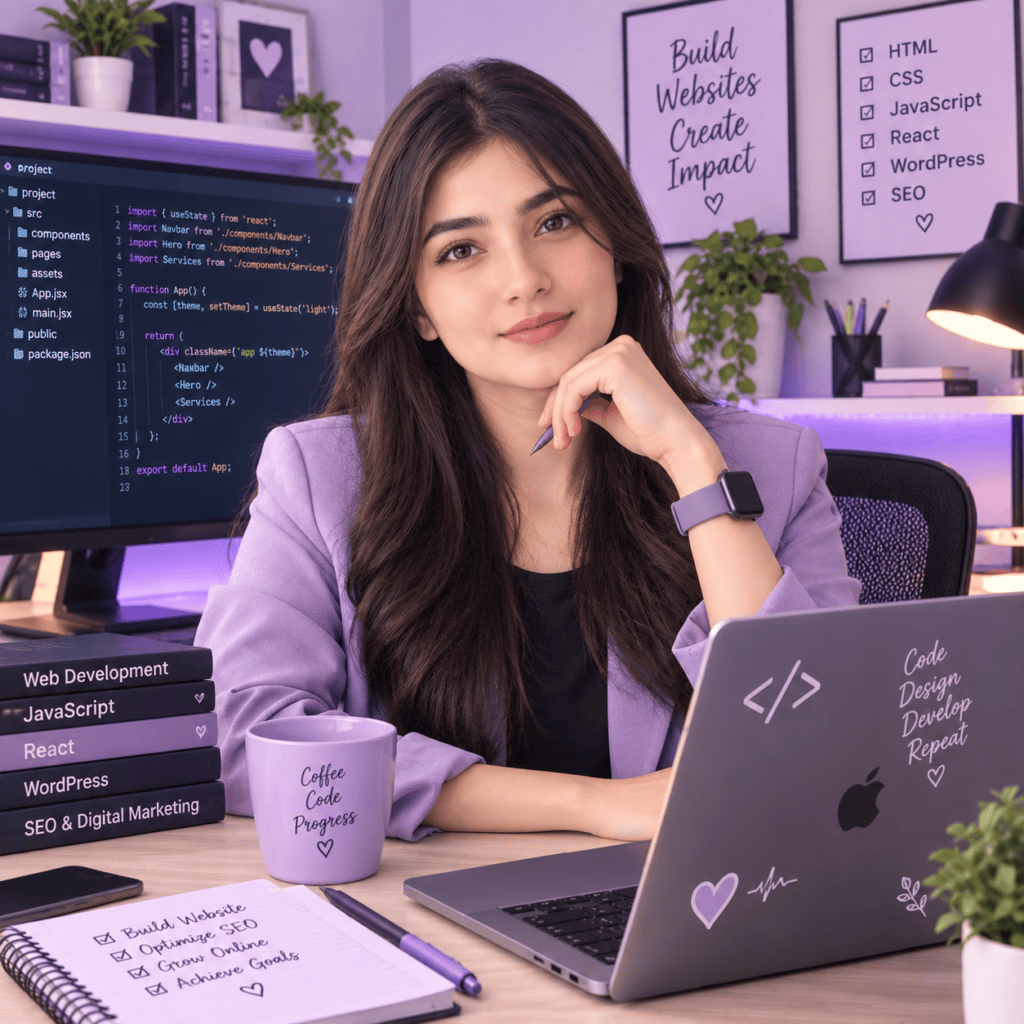 Warisha Khan designing a WordPress website and planning SEO at her desk