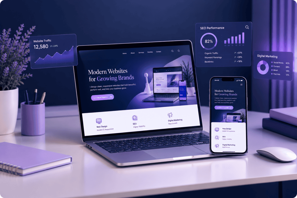 Responsive website design shown on a laptop and mobile phone