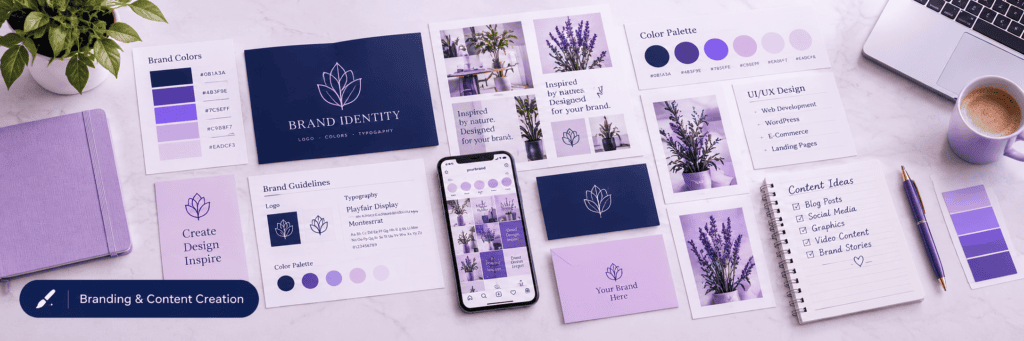 Branding and content design with logo, colors and social media posts