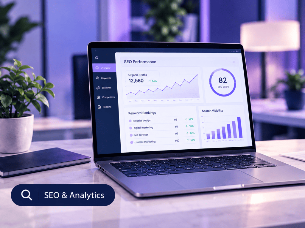 SEO performance and analytics report on a laptop