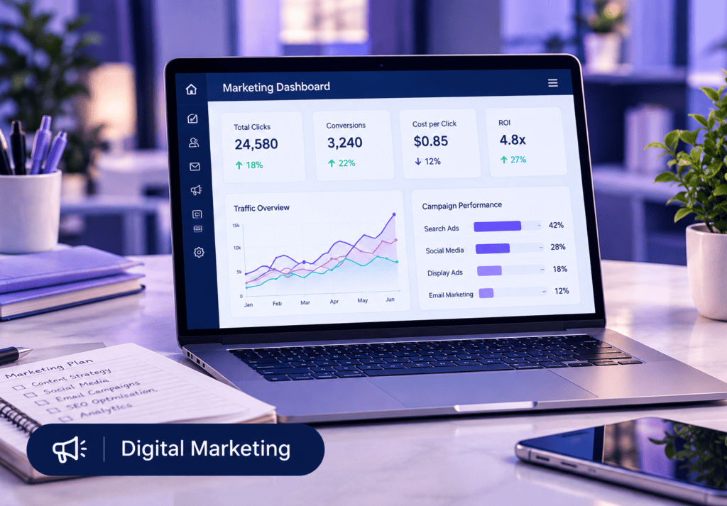 Digital marketing dashboard on a laptop screen