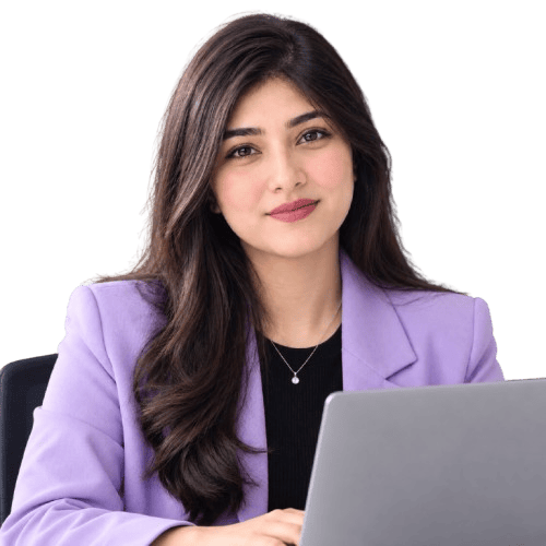Warisha Khan, WordPress web designer in Karachi, working with a client on a laptop